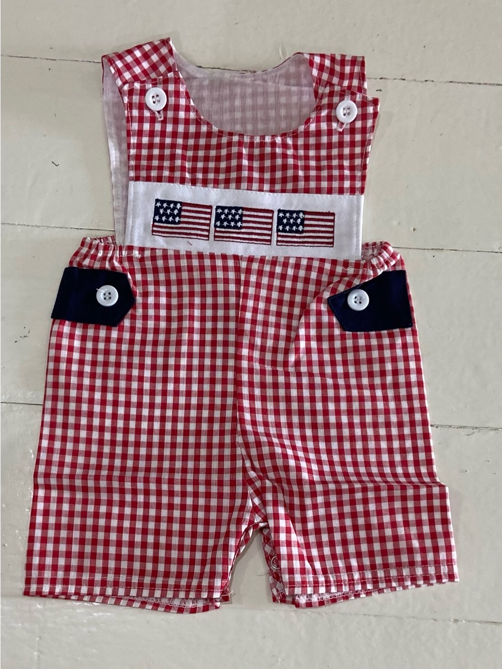 Red Gingham Kids Overalls with Flag Applique